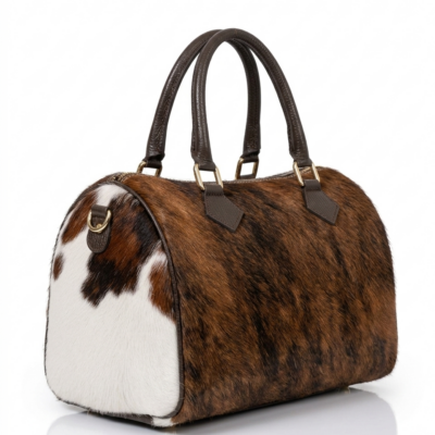 Handmade cowhide leather barrel bag in brown and white hair-on-hide, with dark leather handles and gold hardware, western style Boston satchel