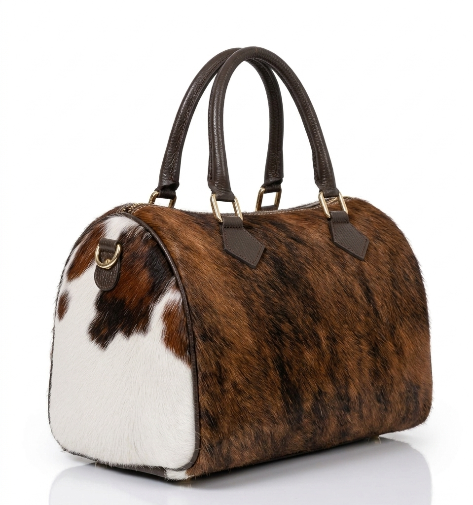 Handmade cowhide leather barrel bag in brown and white hair-on-hide, with dark leather handles and gold hardware, western style Boston satchel