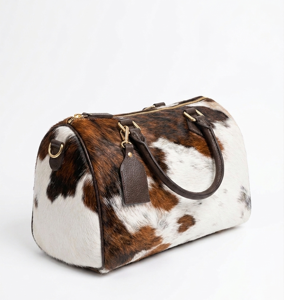 Handmade cowhide leather barrel bag in brown and white hair-on-hide, with dark leather handles and gold hardware, western style Boston satchel