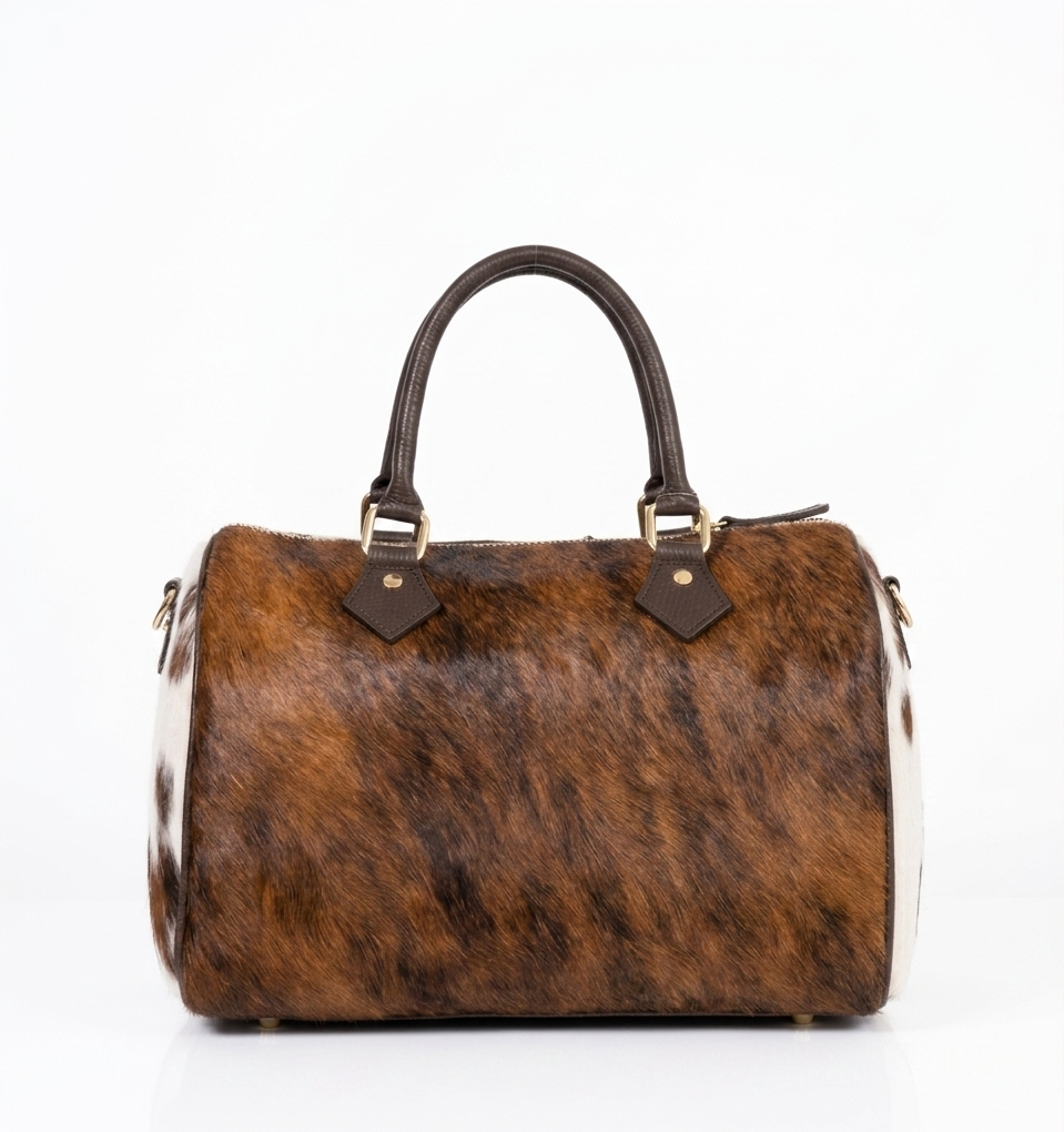 Handmade cowhide leather barrel bag in brown and white hair-on-hide, with dark leather handles and gold hardware, western style Boston satchel