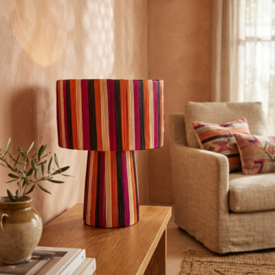 Fuchsia Orange Raffia Table Lamp Handmade Moroccan Boho Striped Mushroom Desk Light Bold Colorful Woven Lamp Eclectic Home Decor Gift (2) Handmade Moroccan raffia mushroom table lamp with bold multicolor striped weave in fuchsia, orange, black and natural, wide drum shade on pedestal base, eclectic boho decor
