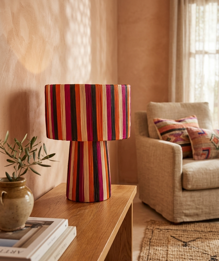 Fuchsia Orange Raffia Table Lamp Handmade Moroccan Boho Striped Mushroom Desk Light Bold Colorful Woven Lamp Eclectic Home Decor Gift (2) Handmade Moroccan raffia mushroom table lamp with bold multicolor striped weave in fuchsia, orange, black and natural, wide drum shade on pedestal base, eclectic boho decor