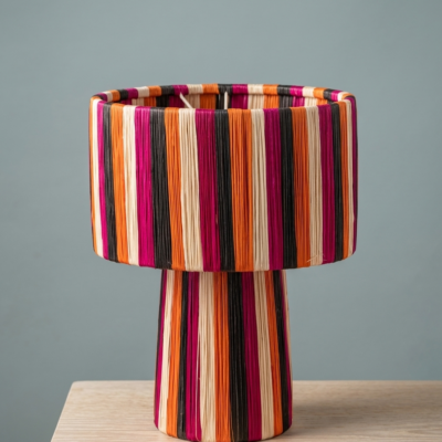 Fuchsia Orange Raffia Table Lamp Handmade Moroccan Boho Striped Mushroom Desk Light Bold Colorful Woven Lamp Eclectic Home Decor Gift (4) Handmade Moroccan raffia mushroom table lamp with bold multicolor striped weave in fuchsia, orange, black and natural, wide drum shade on pedestal base, eclectic boho decor
