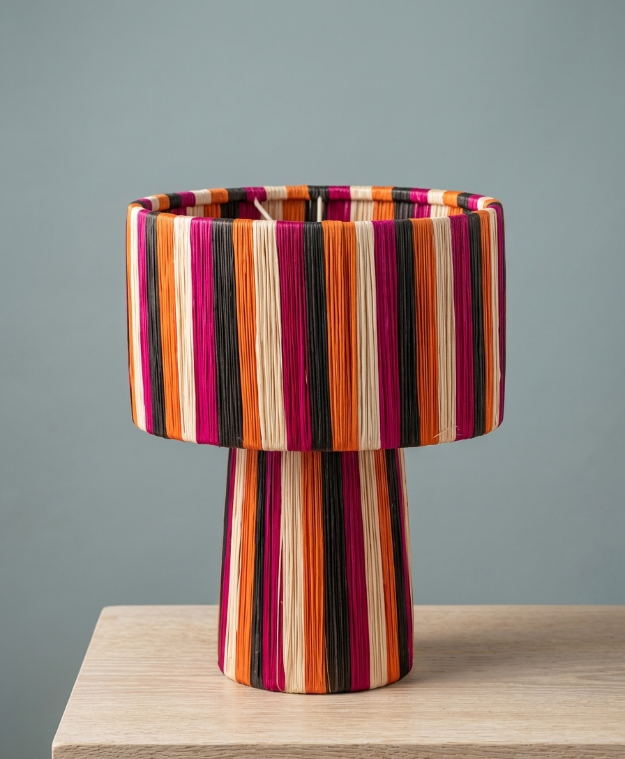 Fuchsia Orange Raffia Table Lamp Handmade Moroccan Boho Striped Mushroom Desk Light Bold Colorful Woven Lamp Eclectic Home Decor Gift (4) Handmade Moroccan raffia mushroom table lamp with bold multicolor striped weave in fuchsia, orange, black and natural, wide drum shade on pedestal base, eclectic boho decor