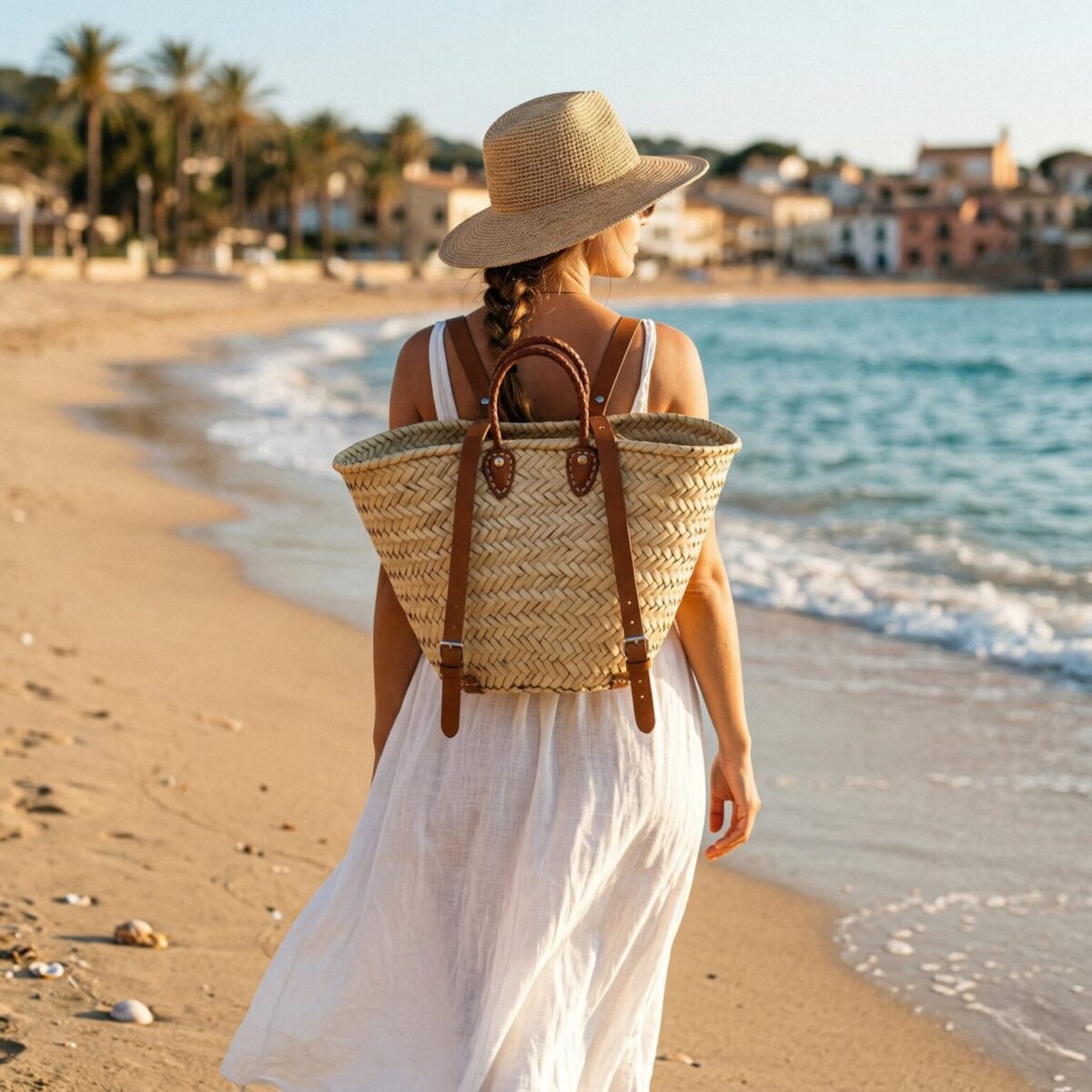 Woman walking on beach wearing handwoven Moroccan straw basket tote as backpack with braided leather handles and adjustable leather straps with buckles