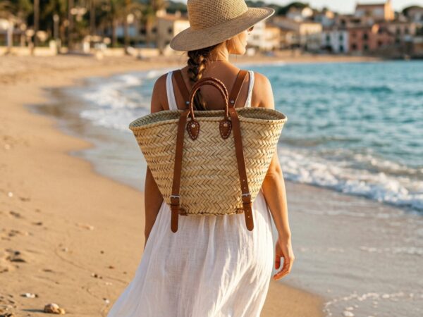 Woman walking on beach wearing handwoven Moroccan straw basket tote as backpack with braided leather handles and adjustable leather straps with buckles