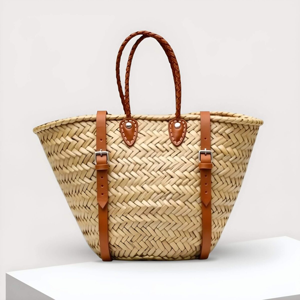 Handwoven Moroccan palm leaf straw market tote with braided leather top handles and convertible leather backpack straps with silver buckles on white surface