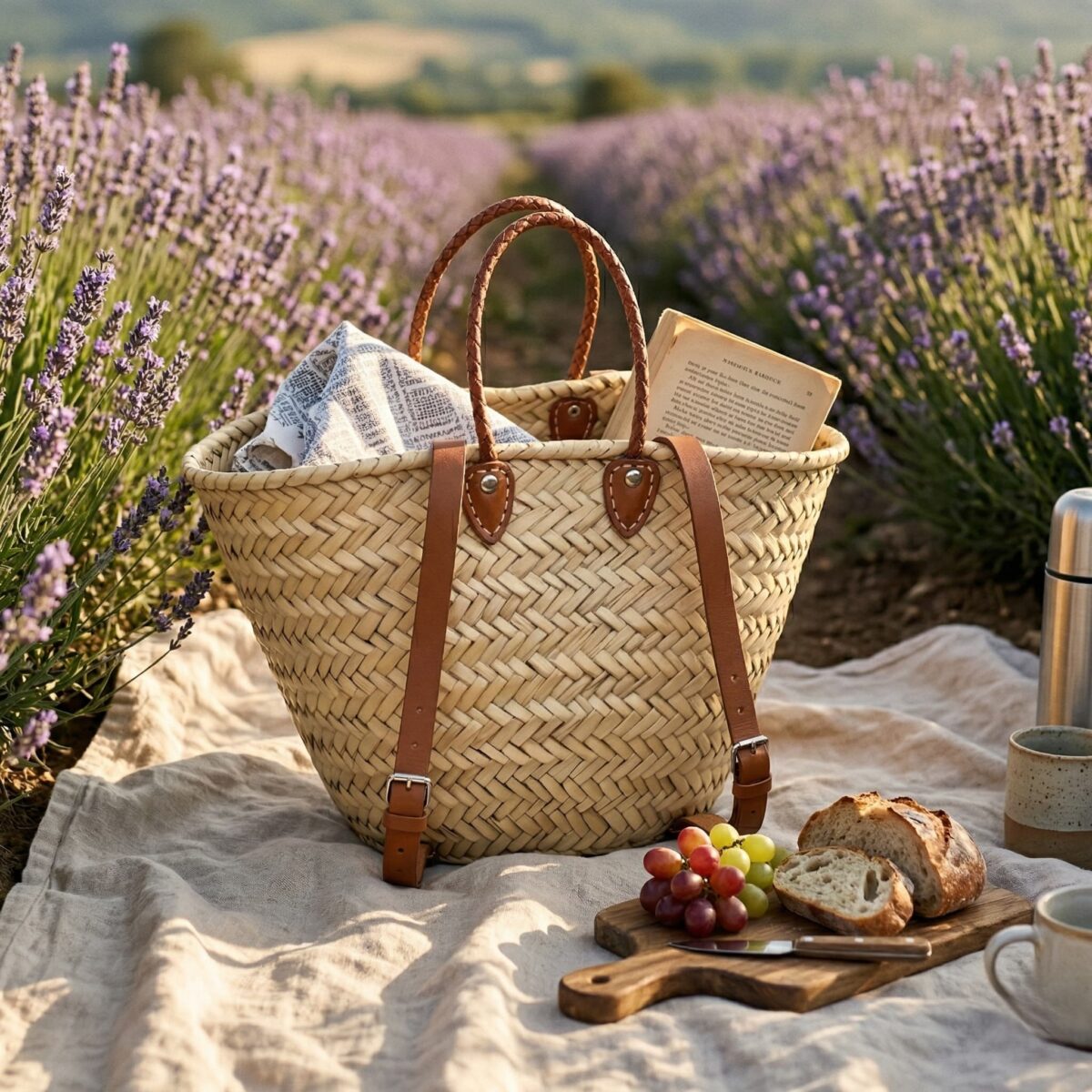 Handwoven Moroccan palm leaf straw market tote with braided leather top handles and convertible leather backpack straps with silver buckles on white surface