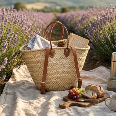 Handwoven Moroccan palm leaf straw market tote with braided leather top handles and convertible leather backpack straps with silver buckles on white surface