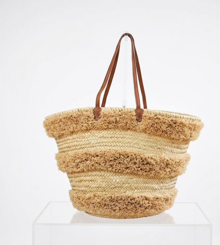 Handwoven raffia beach bag, leather handles, Moroccan market bag (2) Handwoven Moroccan palm leaf straw basket bag with horizontal natural fringe stripe detail and genuine leather shoulder handles, large open-top boho beach market tote