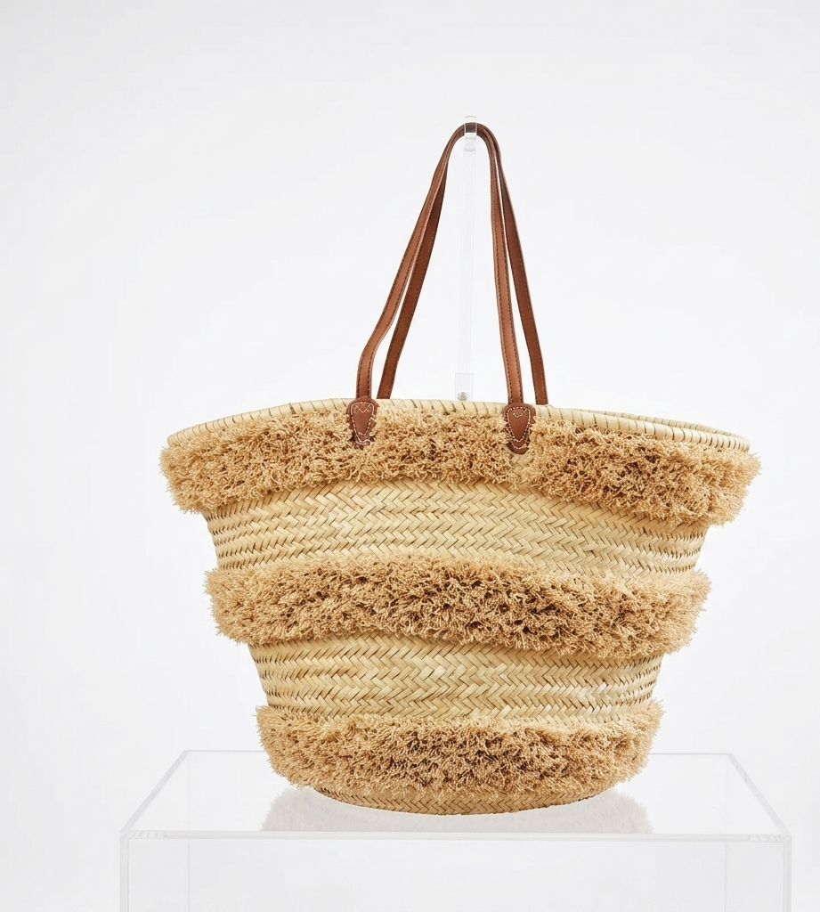 Handwoven Moroccan palm leaf straw basket bag with horizontal natural fringe stripe detail and genuine leather shoulder handles, large open-top boho beach market tote