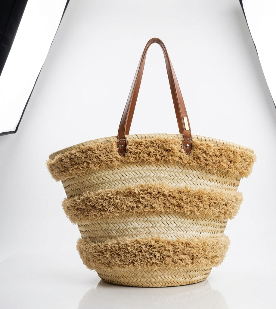 Handwoven raffia beach bag, leather handles, Moroccan market bag (3) Handwoven Moroccan palm leaf straw basket bag with horizontal natural fringe stripe detail and genuine leather shoulder handles, large open-top boho beach market tote
