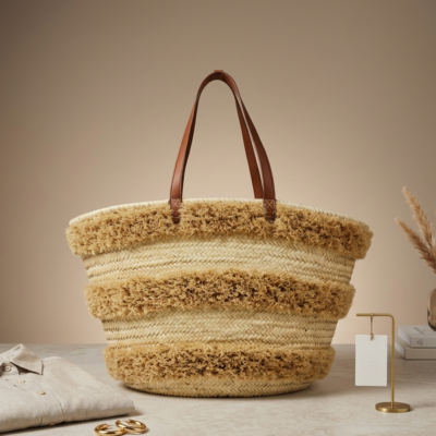 Handwoven raffia beach bag, leather handles, Moroccan market bag (4) Handwoven Moroccan palm leaf straw basket bag with horizontal natural fringe stripe detail and genuine leather shoulder handles, large open-top boho beach market tote