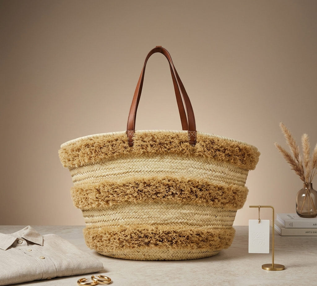 Handwoven raffia beach bag, leather handles, Moroccan market bag (4) Handwoven Moroccan palm leaf straw basket bag with horizontal natural fringe stripe detail and genuine leather shoulder handles, large open-top boho beach market tote
