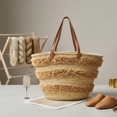 Handwoven raffia beach bag, leather handles, Moroccan market bag (5) Handwoven Moroccan palm leaf straw basket bag with horizontal natural fringe stripe detail and genuine leather shoulder handles, large open-top boho beach market tote