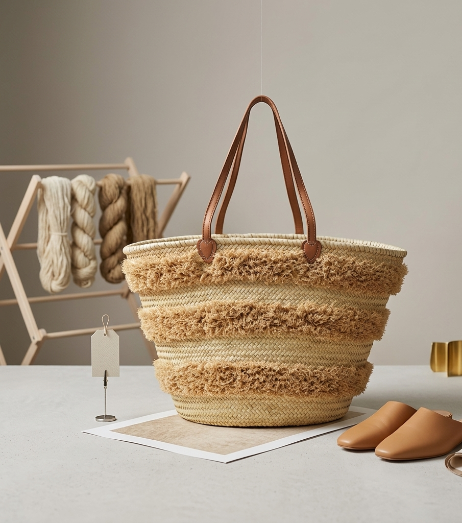 Handwoven raffia beach bag, leather handles, Moroccan market bag (5) Handwoven Moroccan palm leaf straw basket bag with horizontal natural fringe stripe detail and genuine leather shoulder handles, large open-top boho beach market tote
