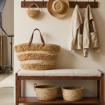 Handwoven raffia beach bag, leather handles, Moroccan market bag (6) Handwoven Moroccan palm leaf straw basket bag with horizontal natural fringe stripe detail and genuine leather shoulder handles, large open-top boho beach market tote