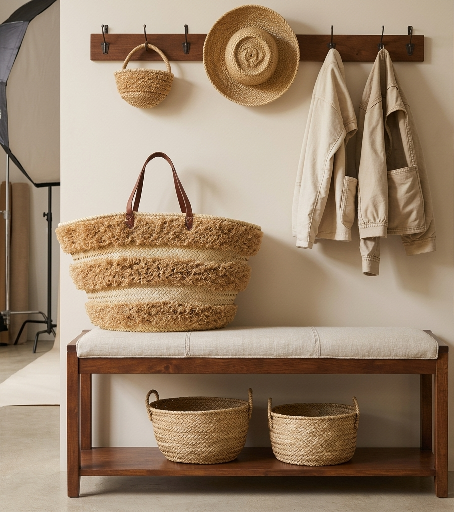 Handwoven raffia beach bag, leather handles, Moroccan market bag (6) Handwoven Moroccan palm leaf straw basket bag with horizontal natural fringe stripe detail and genuine leather shoulder handles, large open-top boho beach market tote