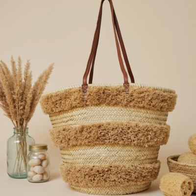 Handwoven raffia beach bag, leather handles, Moroccan market bag (7) Handwoven Moroccan palm leaf straw basket bag with horizontal natural fringe stripe detail and genuine leather shoulder handles, large open-top boho beach market tote