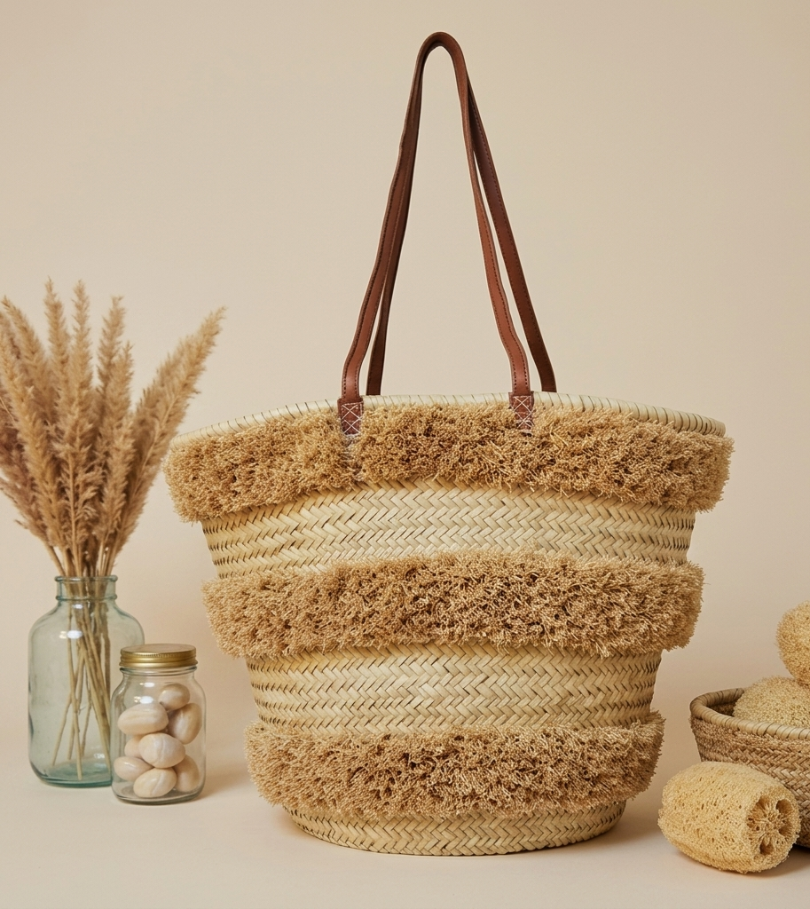 Handwoven raffia beach bag, leather handles, Moroccan market bag (7) Handwoven Moroccan palm leaf straw basket bag with horizontal natural fringe stripe detail and genuine leather shoulder handles, large open-top boho beach market tote