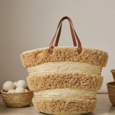 Handwoven raffia beach bag, leather handles, Moroccan market bag (8) Handwoven Moroccan palm leaf straw basket bag with horizontal natural fringe stripe detail and genuine leather shoulder handles, large open-top boho beach market tote