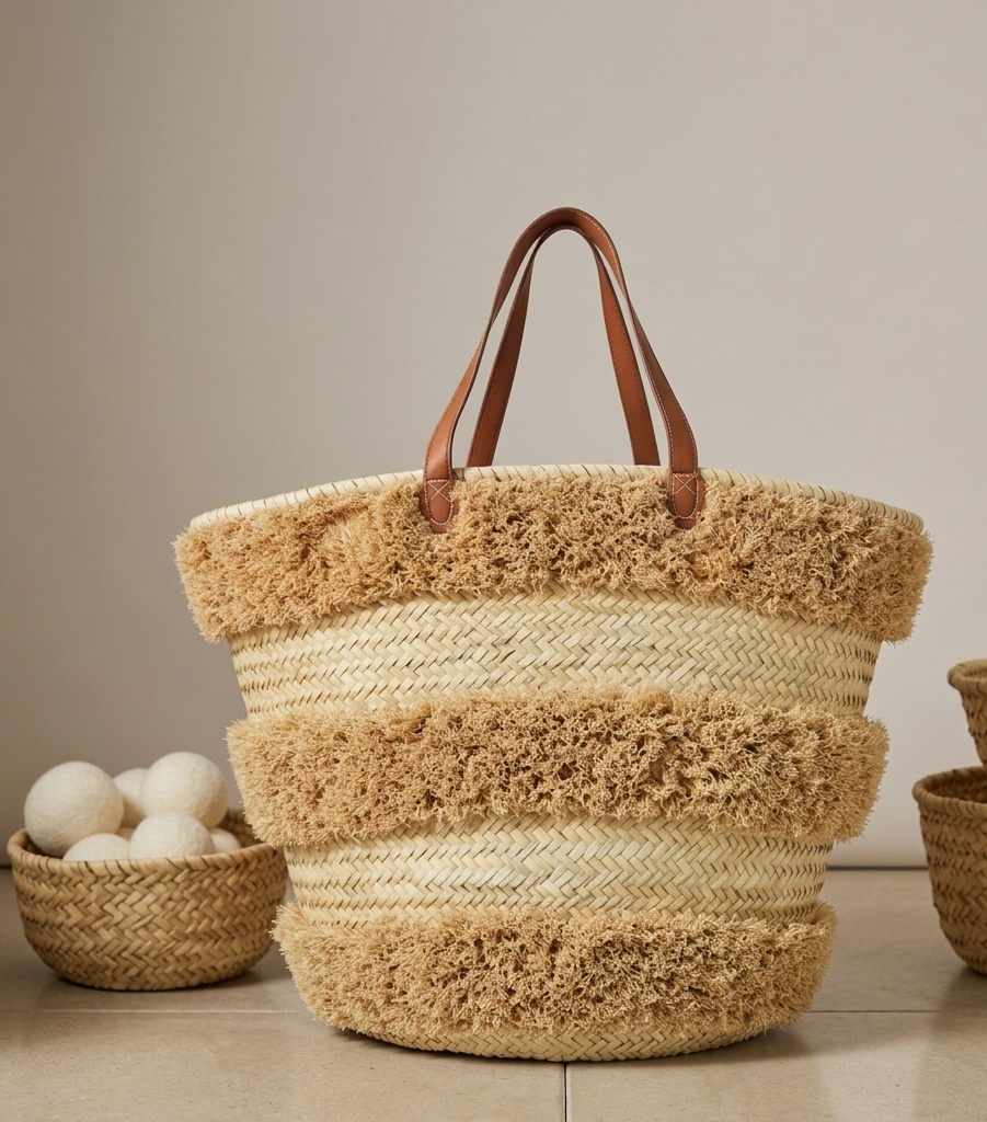 Handwoven raffia beach bag, leather handles, Moroccan market bag (8) Handwoven Moroccan palm leaf straw basket bag with horizontal natural fringe stripe detail and genuine leather shoulder handles, large open-top boho beach market tote