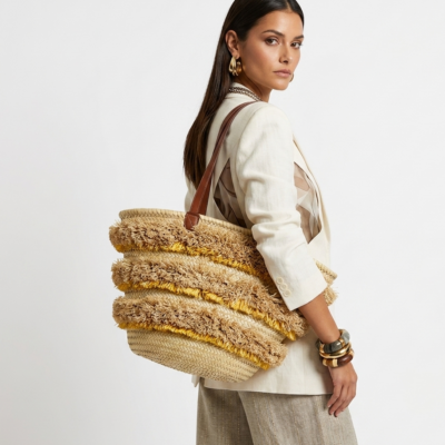 Handwoven raffia beach bag, leather handles, Moroccan market bag (9) Handwoven Moroccan palm leaf straw basket bag with horizontal natural fringe stripe detail and genuine leather shoulder handles, large open-top boho beach market tote