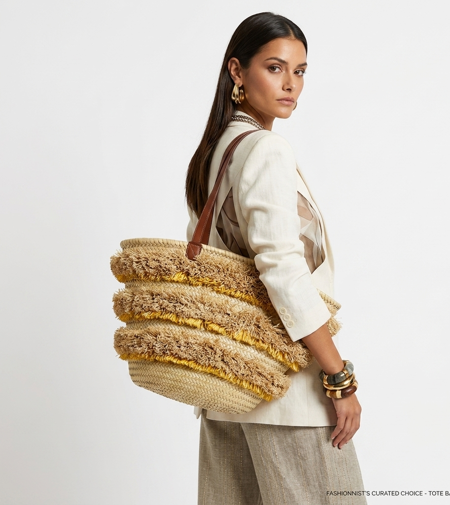 Handwoven raffia beach bag, leather handles, Moroccan market bag (9) Handwoven Moroccan palm leaf straw basket bag with horizontal natural fringe stripe detail and genuine leather shoulder handles, large open-top boho beach market tote