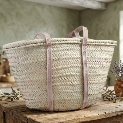 Large handmade Moroccan straw market basket with embossed leather straps on rustic wooden table, surrounded by lavender and olive branches