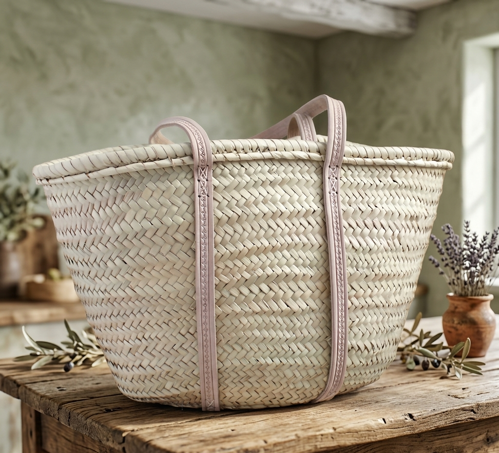 Large handmade Moroccan straw market basket with embossed leather straps on rustic wooden table, surrounded by lavender and olive branches