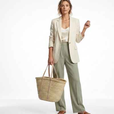 Woman carrying large handwoven Moroccan palm leaf straw French market basket tote with full-length embossed leather handles over shoulder