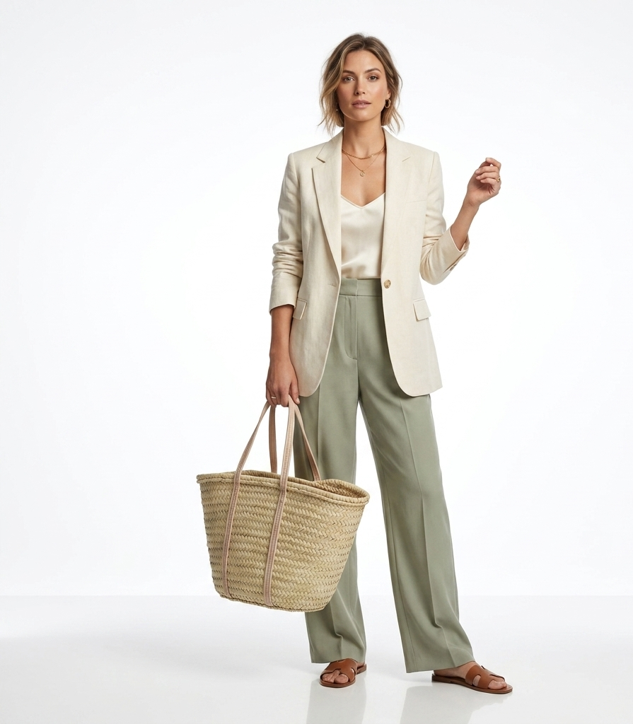 Woman carrying large handwoven Moroccan palm leaf straw French market basket tote with full-length embossed leather handles over shoulder