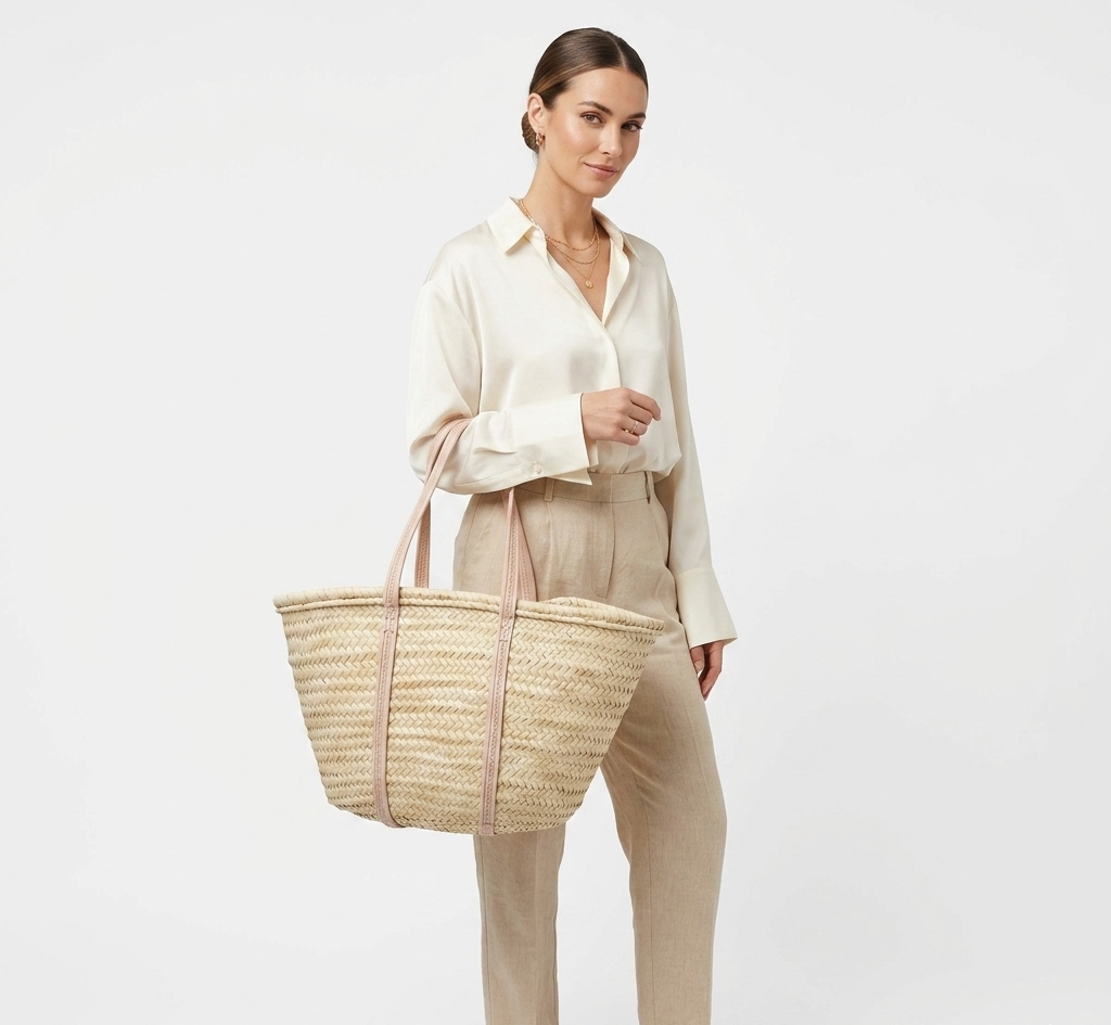 Woman carrying large handwoven Moroccan palm leaf straw French market basket tote with full-length embossed leather handles over shoulder