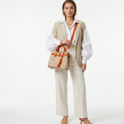 Handmade Moroccan straw basket bag with suede leather trim, gold turn-lock closure and tassel, woven doum Birkin-style tote for summer