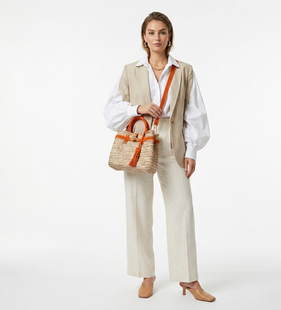Handmade Moroccan straw basket bag with suede leather trim, gold turn-lock closure and tassel, woven doum Birkin-style tote for summer