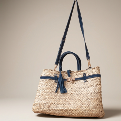 Handmade Moroccan straw basket bag with suede leather trim, gold turn-lock closure and tassel, woven doum Birkin-style tote for summer