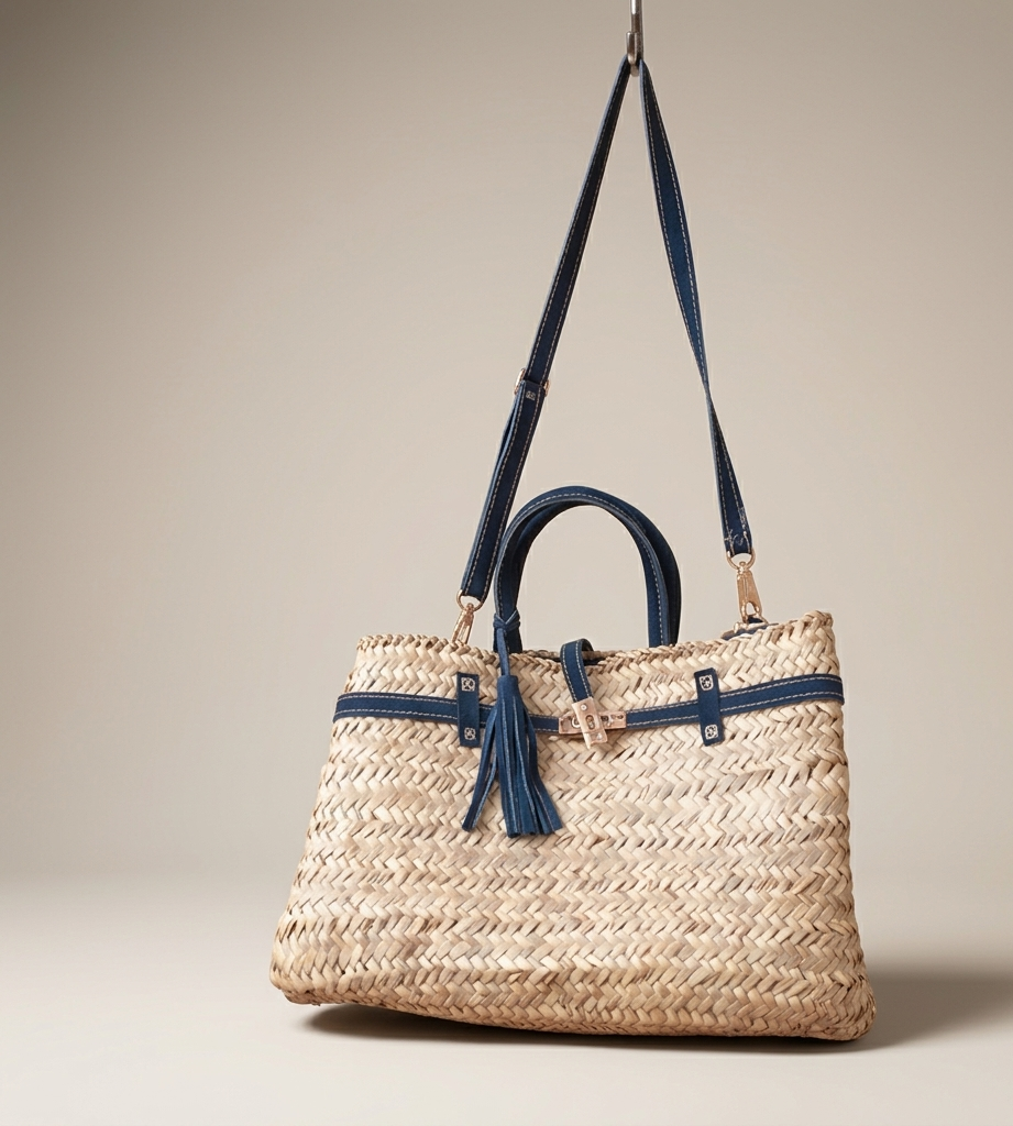Handmade Moroccan straw basket bag with suede leather trim, gold turn-lock closure and tassel, woven doum Birkin-style tote for summer