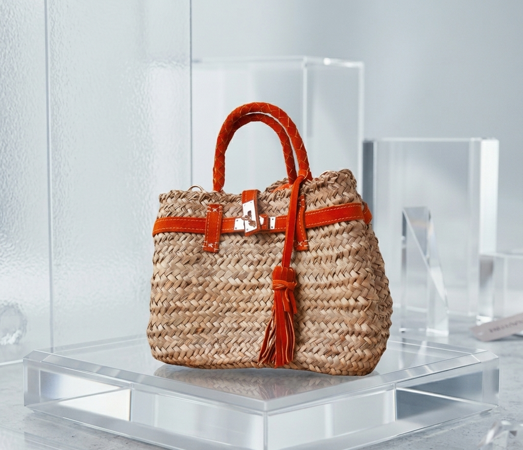 Handmade Moroccan straw basket bag with suede leather trim, gold turn-lock closure and tassel, woven doum Birkin-style tote for summer