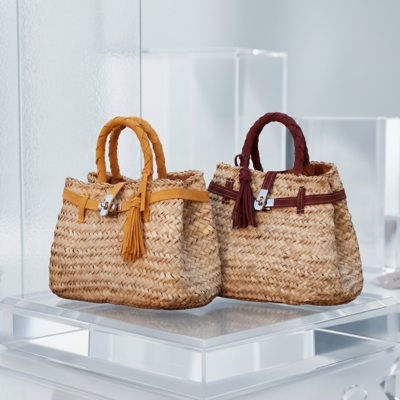 Handmade Moroccan straw basket bag with suede leather trim, gold turn-lock closure and tassel, woven doum Birkin-style tote for summer