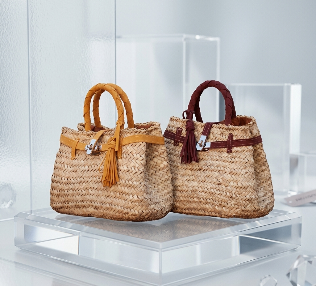 Handmade Moroccan straw basket bag with suede leather trim, gold turn-lock closure and tassel, woven doum Birkin-style tote for summer