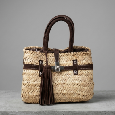 Handmade Moroccan straw basket bag with suede leather trim, gold turn-lock closure and tassel, woven doum Birkin-style tote for summer