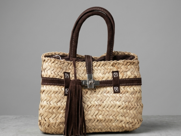 Handmade Moroccan straw basket bag with suede leather trim, gold turn-lock closure and tassel, woven doum Birkin-style tote for summer