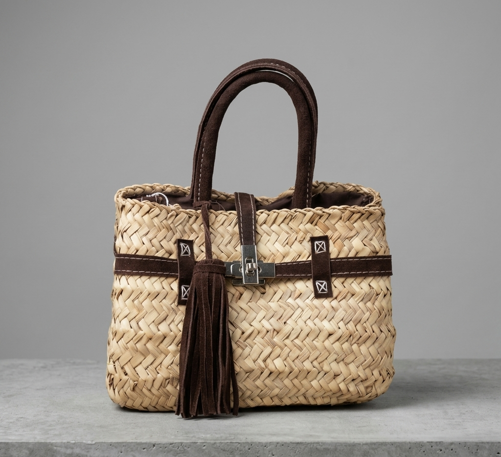 Handmade Moroccan straw basket bag with suede leather trim, gold turn-lock closure and tassel, woven doum Birkin-style tote for summer
