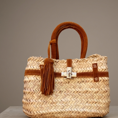 Handmade Moroccan straw basket bag with suede leather trim, gold turn-lock closure and tassel, woven doum Birkin-style tote for summer