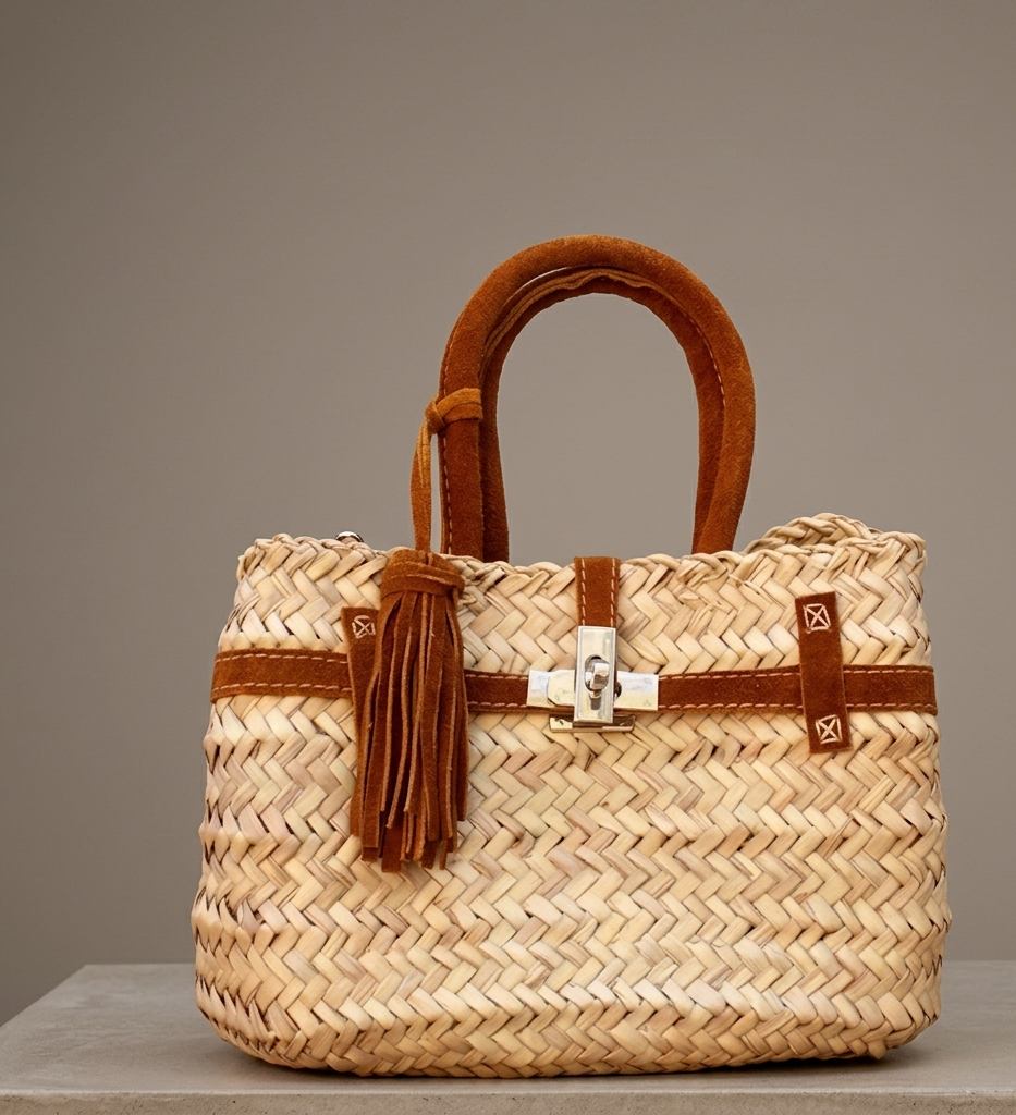 Handmade Moroccan straw basket bag with suede leather trim, gold turn-lock closure and tassel, woven doum Birkin-style tote for summer