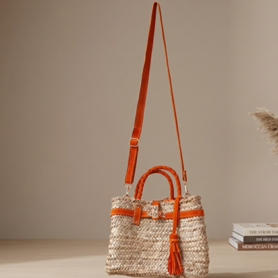 Handmade Moroccan straw basket bag with suede leather trim, gold turn-lock closure and tassel, woven doum Birkin-style tote for summer