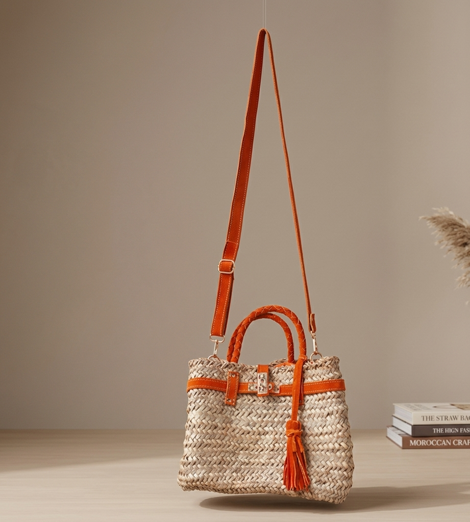 Handmade Moroccan straw basket bag with suede leather trim, gold turn-lock closure and tassel, woven doum Birkin-style tote for summer