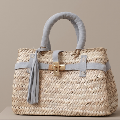 Handmade Moroccan straw basket bag with suede leather trim, gold turn-lock closure and tassel, woven doum Birkin-style tote for summer