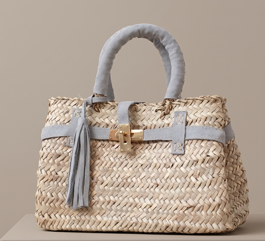 Handmade Moroccan straw basket bag with suede leather trim, gold turn-lock closure and tassel, woven doum Birkin-style tote for summer