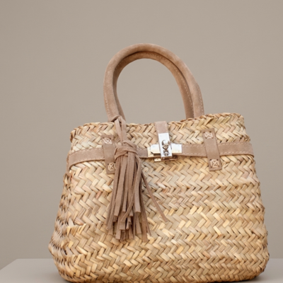 Handmade Moroccan straw basket bag with suede leather trim, gold turn-lock closure and tassel, woven doum Birkin-style tote for summer